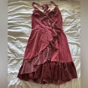 POL Dusty Rose Asymmetrical Velvet Ruffle Dress